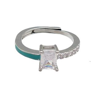 copper Ring pave zircon green enamel rectangle adjustable platinum plated, approx 6-7mm, 18mm dia [FN30120]