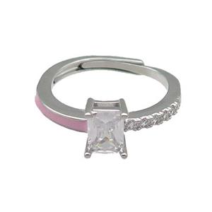 copper Ring pave zircon pink enamel rectangle adjustable platinum plated, approx 6-7mm, 18mm dia [FN30121]