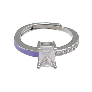 copper Ring pave zircon lavender enamel rectangle adjustable platinum plated, approx 6-7mm, 18mm dia [FN30123]