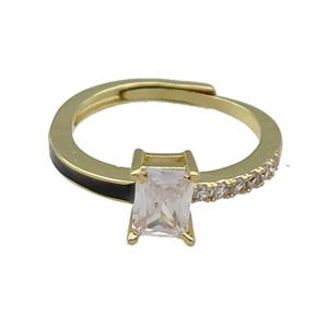 copper Ring pave zircon black enamel rectangle adjustable gold plated, approx 6-7mm, 18mm dia [FN30126]