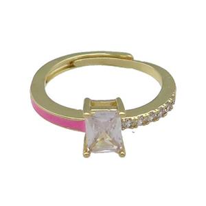 copper Ring pave zircon pink enamel rectangle adjustable gold plated, approx 6-7mm, 18mm dia [FN30127]