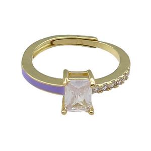 copper Ring pave zircon lavender enamel rectangle adjustable gold plated, approx 6-7mm, 18mm dia [FN30129]
