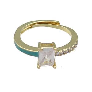 copper Ring pave zircon green enamel rectangle adjustable gold plated, approx 6-7mm, 18mm dia [FN30131]