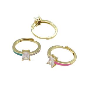mix copper Ring pave zircon enamel rectangle adjustable gold plated, approx 6-7mm, 18mm dia [FN30132]