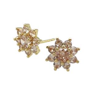 copper flower Stud Earring pave zircon champagne gold plated, approx 11mm dia [FN30143]
