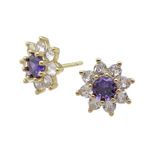 copper flower Stud Earring pave zircon purple gold plated, approx 11mm dia [FN30144]