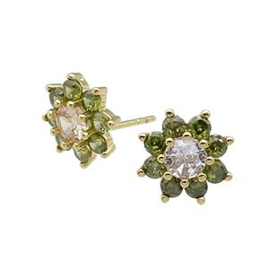 copper flower Stud Earring pave zircon olive gold plated, approx 11mm dia [FN30145]