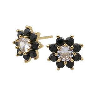 copper flower Stud Earring pave zircon black gold plated, approx 11mm dia [FN30146]