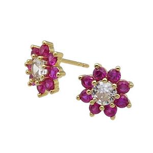 copper flower Stud Earring pave zircon hotpink gold plated, approx 11mm dia [FN30147]