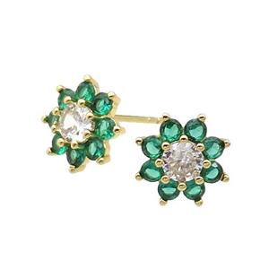 copper flower Stud Earring pave zircon green gold plated, approx 11mm dia [FN30148]