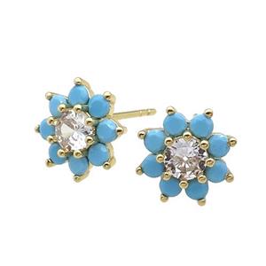 copper flower Stud Earring pave zircon turq gold plated, approx 11mm dia [FN30149]