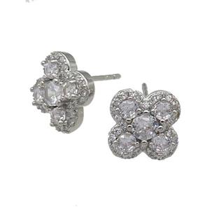 copper Clover Stud Earring pave zircon platinum plated, approx 11mm [FN30151]