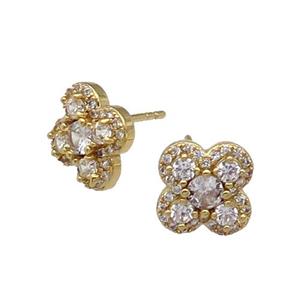copper Clover Stud Earring pave zircon gold plated, approx 11mm [FN30152]