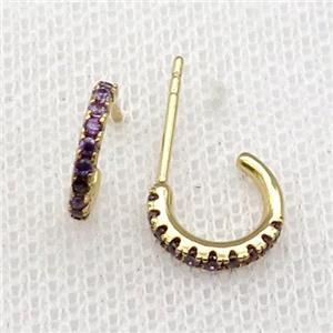 copper Stud Earrings pave purple zircon gold plated, approx 10mm [FN30157]