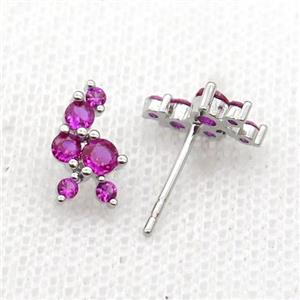 copper Stud Earrings pave hotpink zircon platinum plated, approx 6-11mm [FN30162]