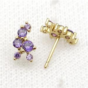 copper Stud Earrings pave purple zircon gold plated, approx 6-11mm [FN30165]