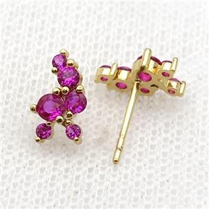 copper Stud Earrings pave hotpink zircon gold plated, approx 6-11mm [FN30167]