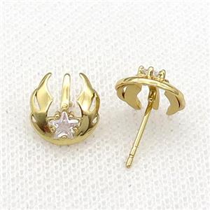 copper Stud Earring pave zircon angel wing gold plated, approx 10-11mm [FN30170]