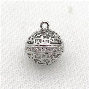 copper round ball pendant pave zircon hollow platinum plated, approx 12-13mm [FN30173]