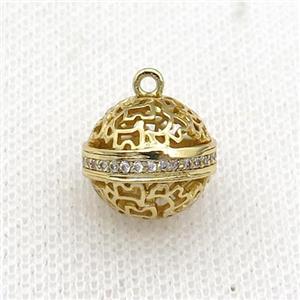 copper round ball pendant pave zircon hollow gold plated, approx 12-13mm [FN30174]