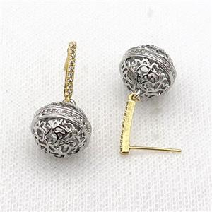copper ball Stud Earring pave zircon hollow platinum plated, approx 12-13mm, 12mm [FN30175]