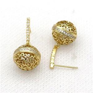 copper ball Stud Earring pave zircon hollow gold plated, approx 12-13mm, 12mm [FN30176]