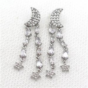 copper Moon Stud Earring pave zircon tassel platinum plated, approx 7-10mm, 40mm length [FN30177]