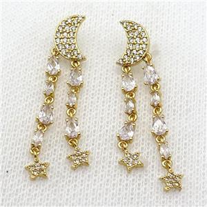 copper Moon Stud Earring pave zircon tassel gold plated, approx 7-10mm, 40mm length [FN30178]
