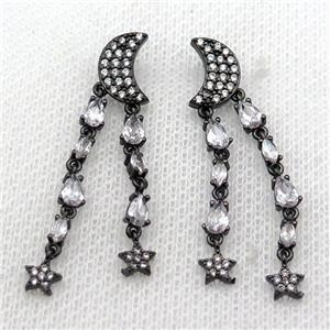 copper Moon Stud Earring pave zircon tassel black plated, approx 7-10mm, 40mm length [FN30179]