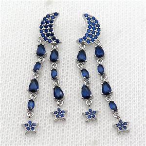 copper Moon Stud Earring pave blue zircon tassel platinum plated, approx 7-10mm, 40mm length [FN30180]