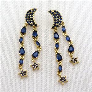 copper Moon Stud Earring pave blue zircon tassel gold plated, approx 7-10mm, 40mm length [FN30181]