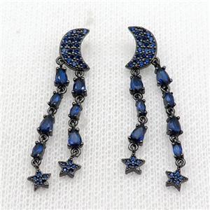 copper Moon Stud Earring pave blue zircon tassel black plated, approx 7-10mm, 40mm length [FN30182]