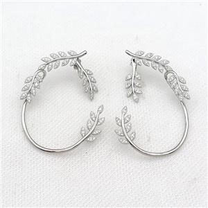 copper Leaf Stud Earring pave zircon platinum plated, approx 40-55mm [FN30183]