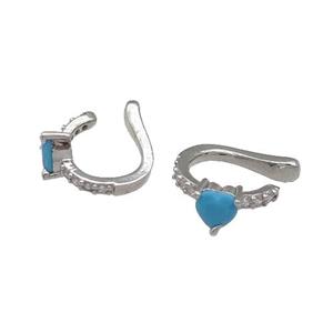 copper Clip Earring pave zircon turq platinum plated, approx 6mm, 15mm [FN30204]