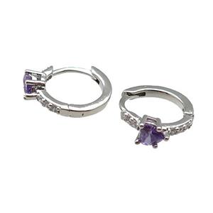 copper Hoop Earring pave zircon purple heart platinum plated, approx 12.5mm dia [FN30210]