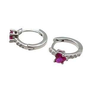 copper Hoop Earring pave zircon hotpink heart platinum plated, approx 12.5mm dia [FN30211]