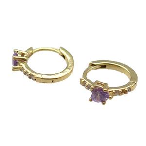 copper Hoop Earring pave zircon purple heart gold plated, approx 12.5mm dia [FN30214]