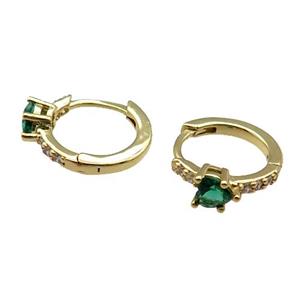 copper Hoop Earring pave zircon green heart gold plated, approx 12.5mm dia [FN30215]