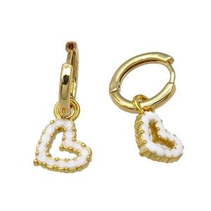 copper Hoop Earring white enamel heart gold plated, approx 11mm, 14mm dia [FN30216]