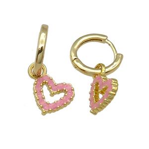 copper Hoop Earring pink enamel heart gold plated, approx 11mm, 14mm dia [FN30218]