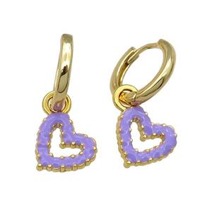 copper Hoop Earring lavender enamel heart gold plated, approx 11mm, 14mm dia [FN30222]