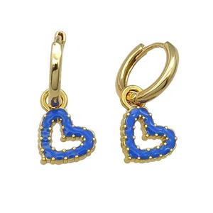 copper Hoop Earring blue enamel heart gold plated, approx 11mm, 14mm dia [FN30223]