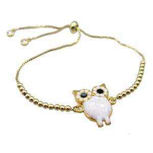 copper Bracelet with owl white enamel gold plated, approx 20-23mm, 3mm, 23cm length [FN30247]