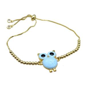 copper Bracelet with owl aqua enamel gold plated, approx 20-23mm, 3mm, 23cm length [FN30248]