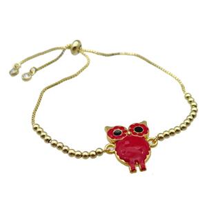 copper Bracelet with owl red enamel gold plated, approx 20-23mm, 3mm, 23cm length [FN30252]