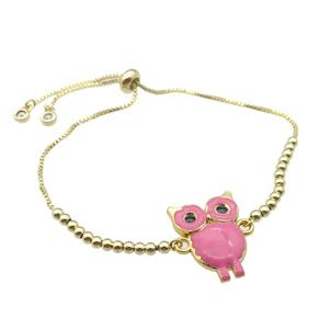 copper Bracelet with owl pink enamel gold plated, approx 20-23mm, 3mm, 23cm length [FN30253]