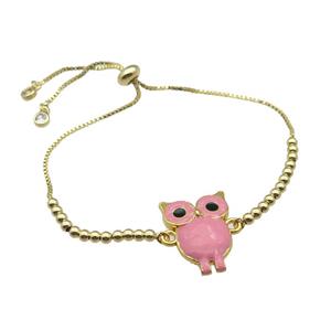 copper Bracelet with owl pink enamel gold plated, approx 20-23mm, 3mm, 23cm length [FN30254]