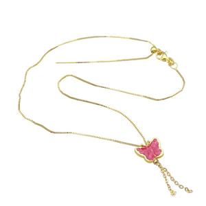 copper Necklace with butterfly pink enamel gold plated, approx 11-14mm, 1mm, 42cm length [FN30255]
