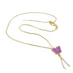 copper Necklace with butterfly purple enamel gold plated, approx 11-14mm, 1mm, 42cm length [FN30256]