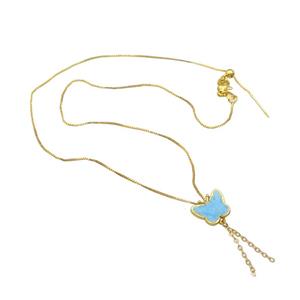 copper Necklace with butterfly aqua enamel gold plated, approx 11-14mm, 1mm, 42cm length [FN30259]